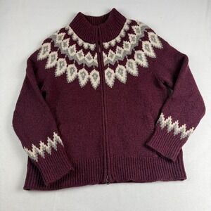 LL Bean Lambs Wool Knit Cardigan Sweater Zip Fair Isle Burgundy Size XL